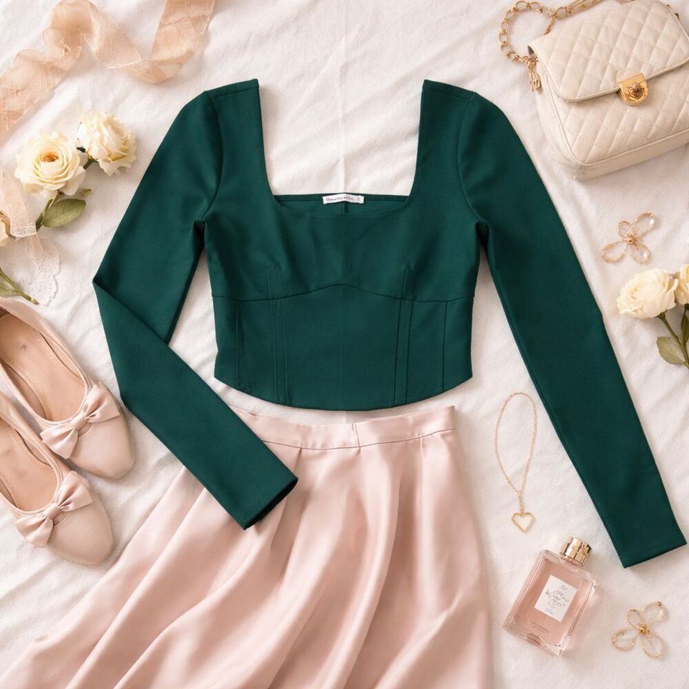 Abercrombie & Fitch Teal/Green Square Neck Corset Top Long Sleeve Cropped XL